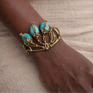 Vintage style turquoise stone gold tone, cuff bracelet, southwestern statement
